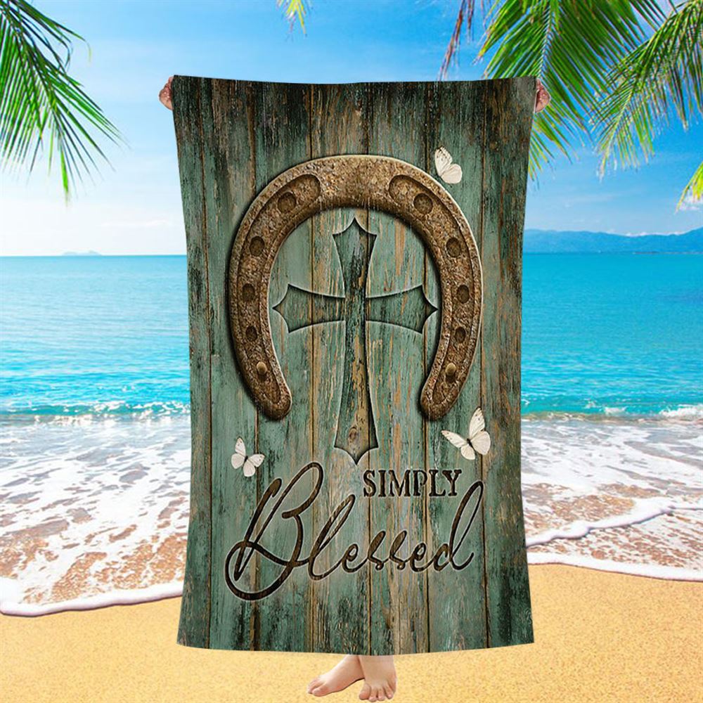 Simply Blessed Horseshoe Cross White Butterfly Beach Towel - Christian Beach Towel - Bible Verse Beach Towel