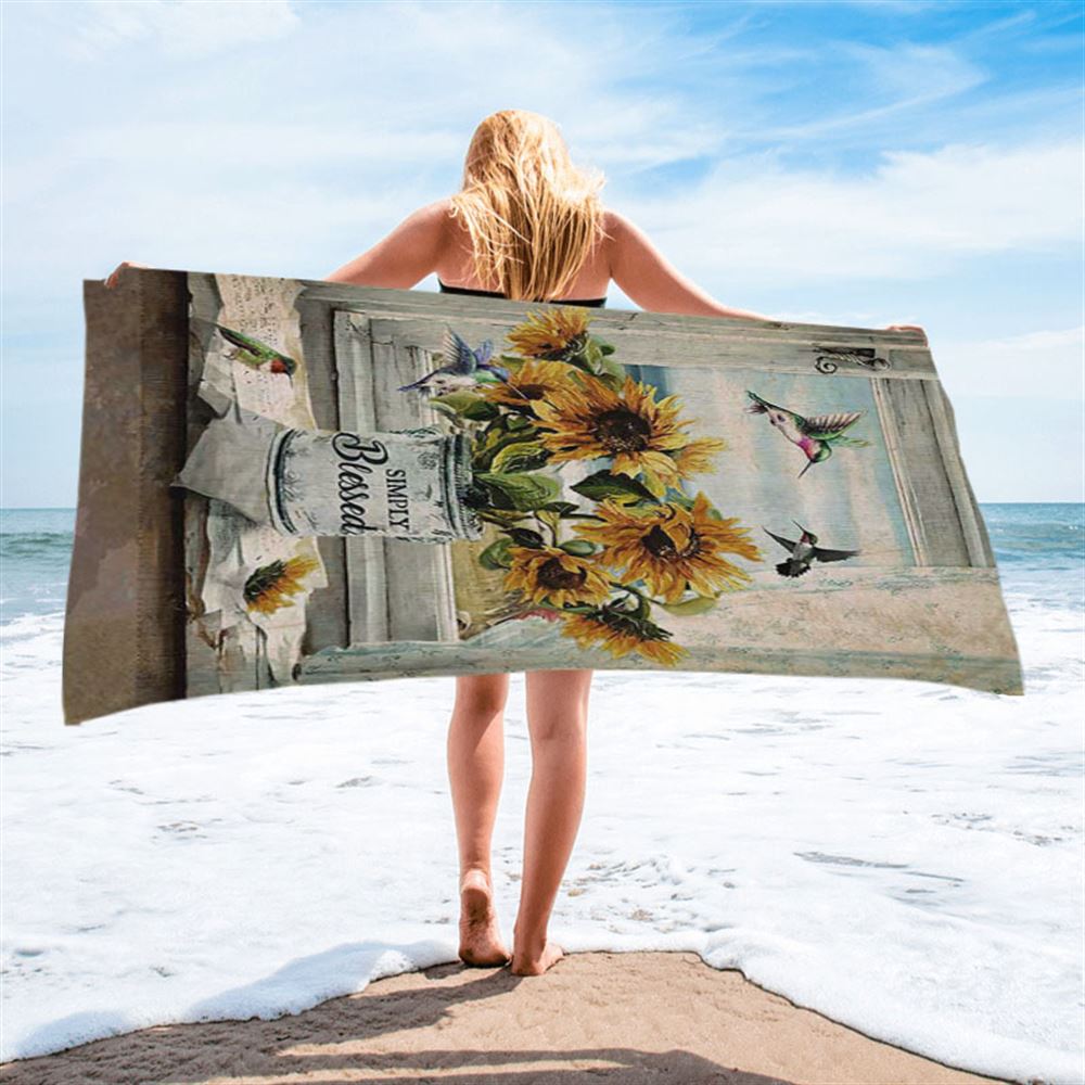 Simply Blessed Sunflower Hummingbird Beach Towel - Inspirational Beach Towel - Christian Beach Towel