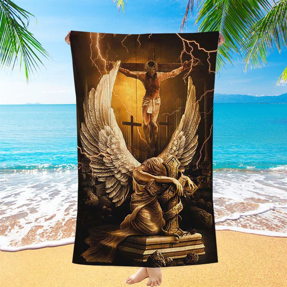 Stunning Angel Wings Jesus On The Cross Beach Towel - Inspirational Beach Towel - Christian Beach Towel