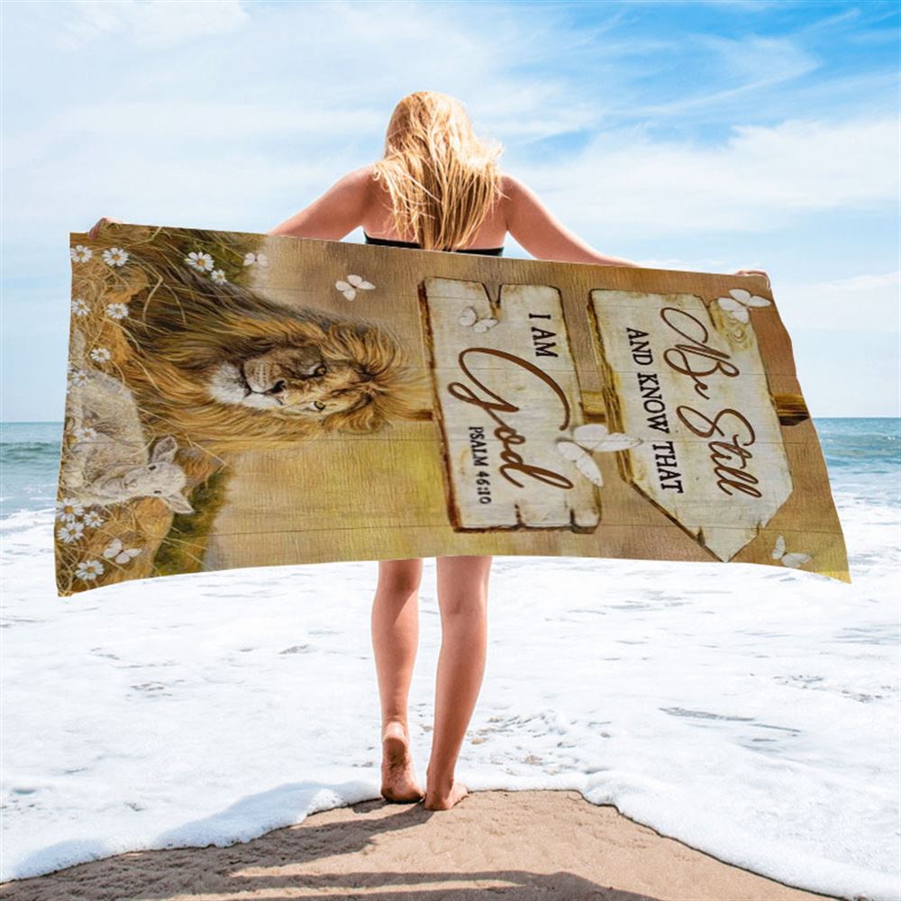 Stunning Lion, Wooden Sign, Be Still And Know That I Am God Beach Towel, Christian Beach Towel, Christian Gift, Gift For Women