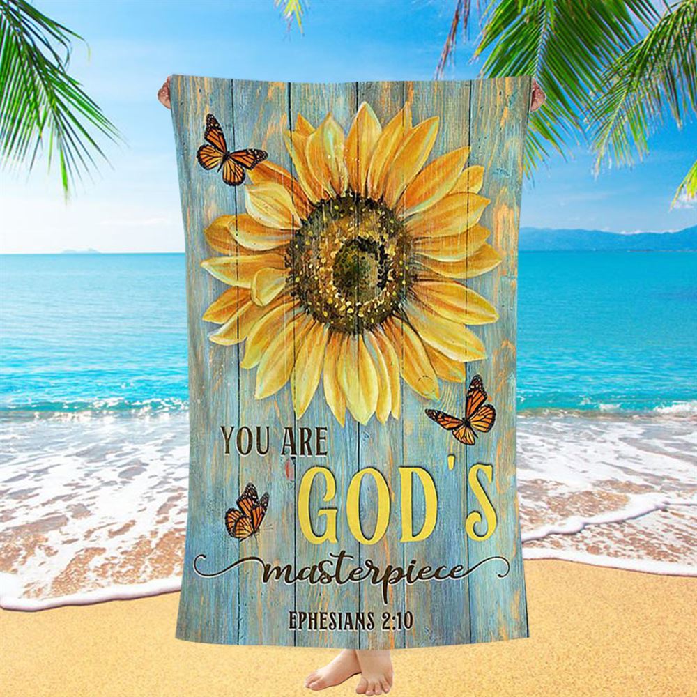 Sunflower Butterfly You Are God's Masterpiece Beach Towel - Inspirational Beach Towel - Christian Beach Towel