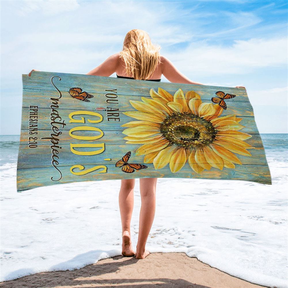 Sunflower Butterfly You Are God's Masterpiece Beach Towel - Inspirational Beach Towel - Christian Beach Towel