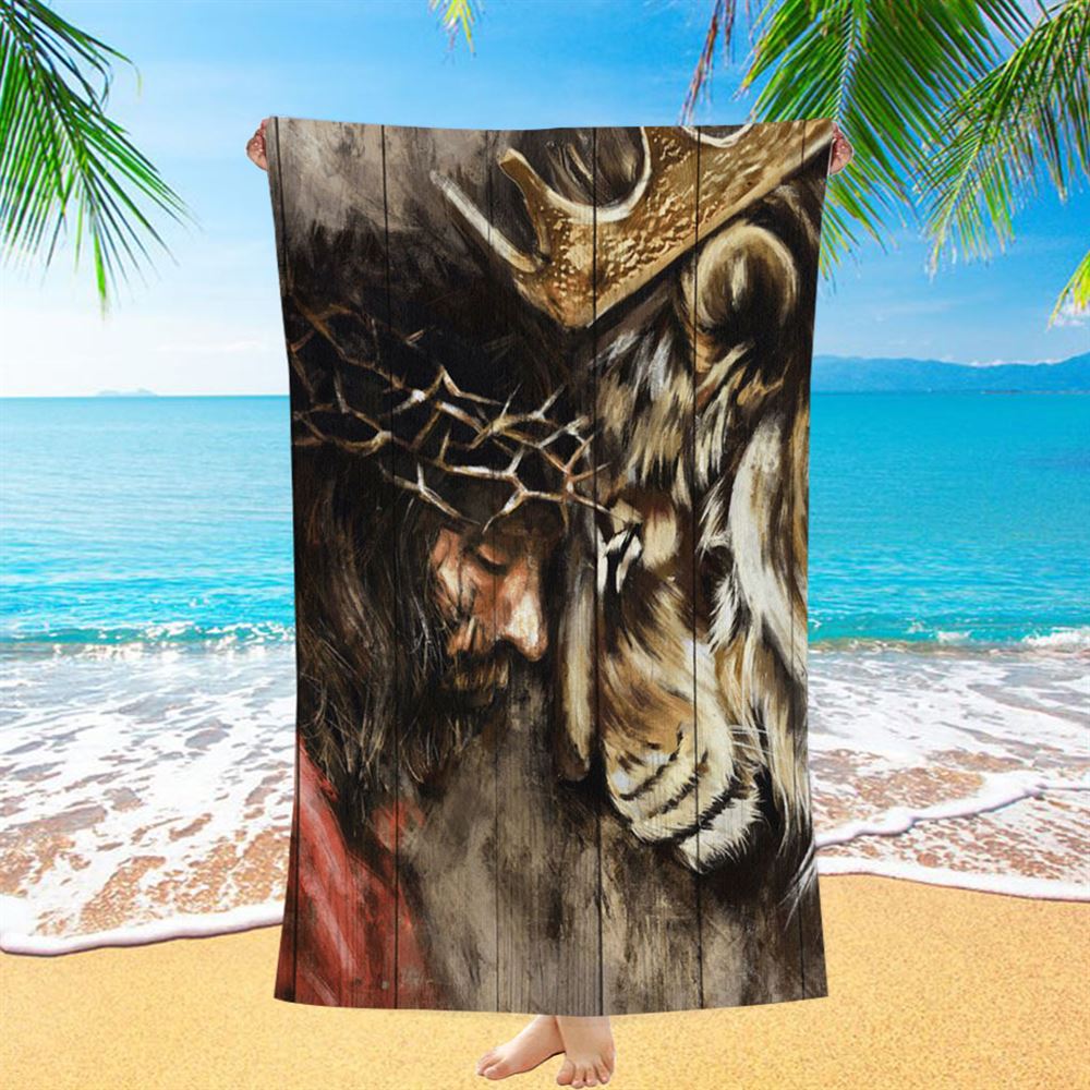 The Combination Of Jesus And Lion Beach Towel - Jesus Christ Beach Towel - Christian Beach Towel