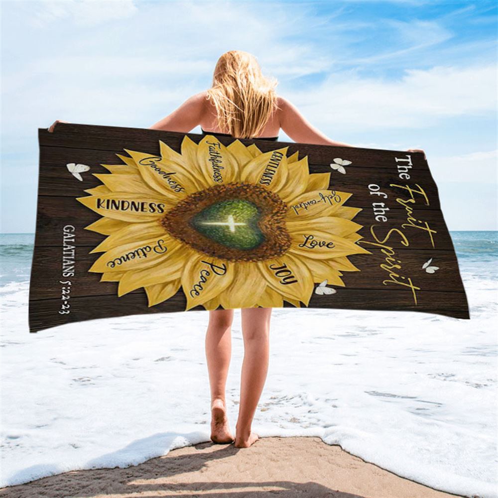 The Fruit Of The Spirit Sunflower Heart Shape Cross Beach Towel - Bible Verse Beach Towel - Inspirational Art - Christian Beach Towel