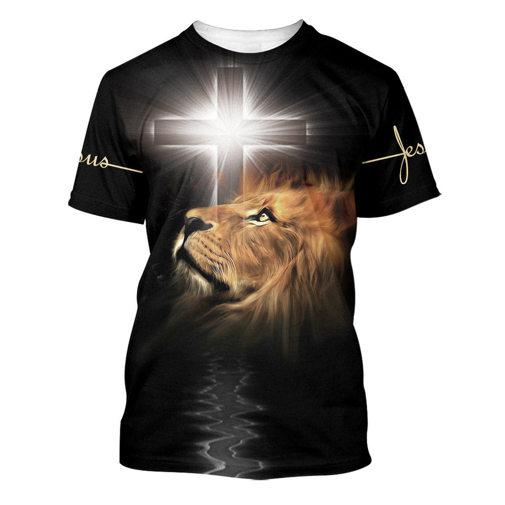 The Light Shines In The Darkness Lion Cross 3d All Over Print Shirt - Christian 3d Shirts For Men Women