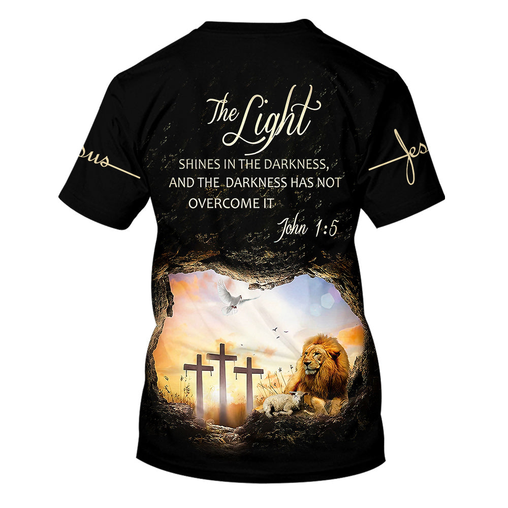 The Light Shines In The Darkness Lion Cross 3d All Over Print Shirt - Christian 3d Shirts For Men Women