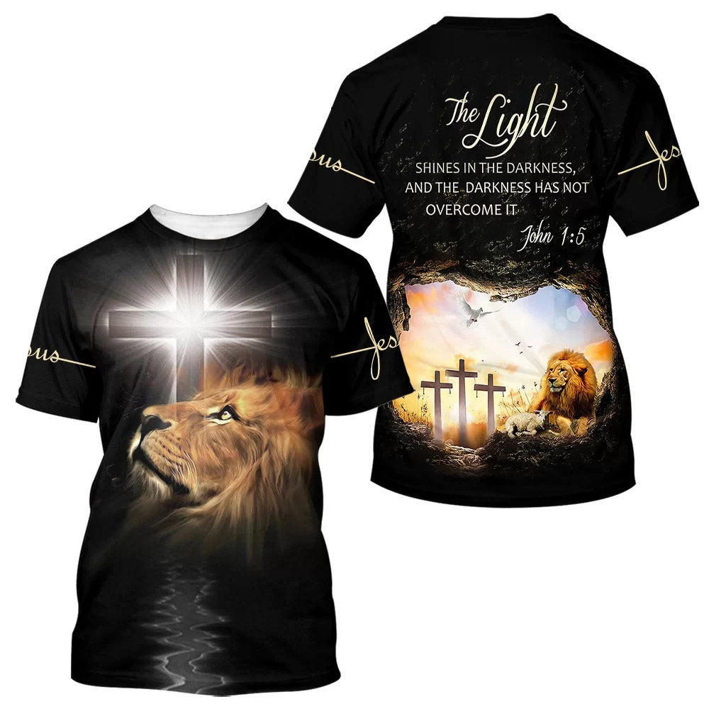 The Light Shines In The Darkness Lion Cross 3d All Over Print Shirt - Christian 3d Shirts For Men Women