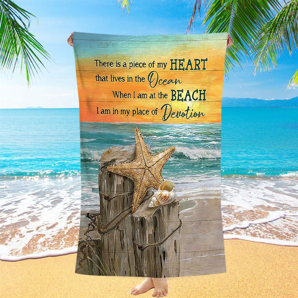 There Is A Piece Of My Heart Starfish Blue Ocean Sunset Beach Towel - Christian Beach Towel - Bible Verse Beach Towel