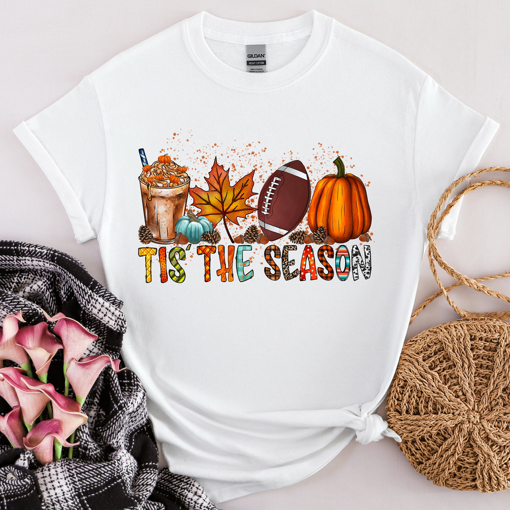 Tis the Season Shirt, Gift for Him Halloween Coffee T-shirt, Gift for Her Pumpkin Latte Drink Football Tee for Gift for Funny Fall Shirt Tee