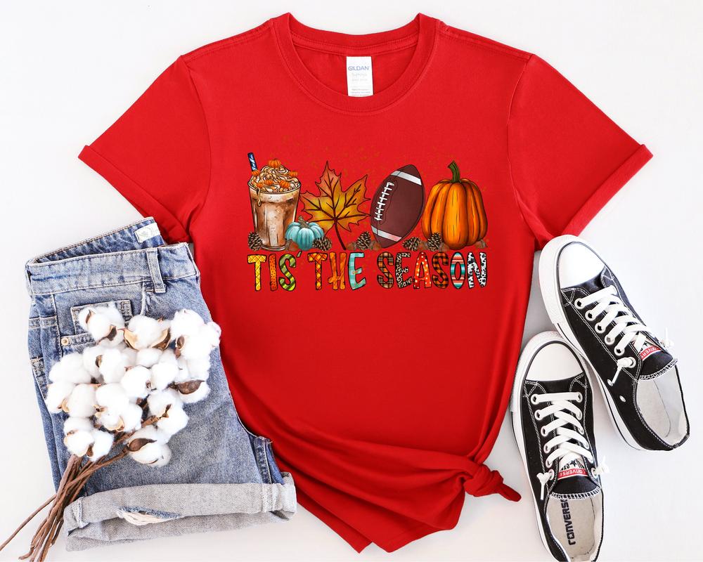 Tis the Season Shirt, Gift for Him Halloween Coffee T-shirt, Gift for Her Pumpkin Latte Drink Football Tee for Gift for Funny Fall Shirt Tee