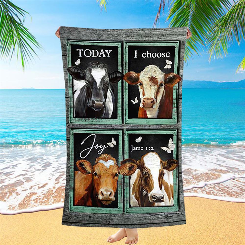 Today I Choose Joy Cow Mint Window Butterfly Beach Towel - Bible Verse Beach Towel - Inspirational Art - Christian Beach Towel