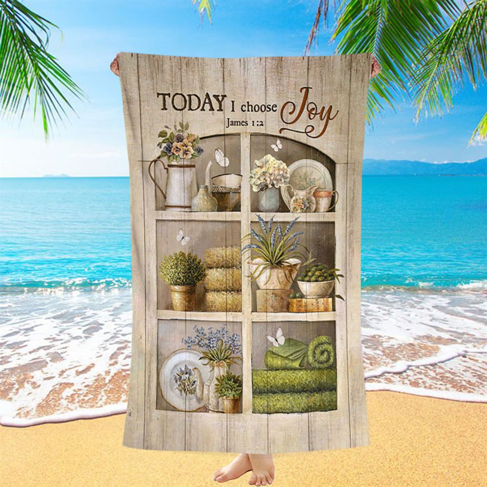 Today I Choose Joy Flower Vase White Butterfly Beach Towel - Christian Beach Towel - Bible Verse Beach Towel