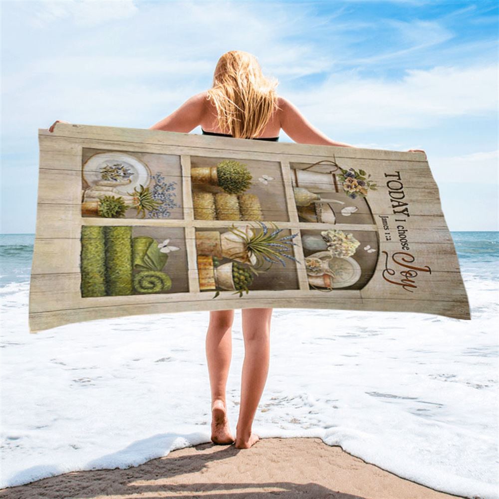 Today I Choose Joy Flower Vase White Butterfly Beach Towel - Christian Beach Towel - Bible Verse Beach Towel