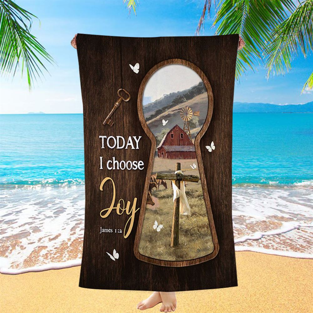 Today I Choose Joy Key Cross Symbol Green Meadow Land Beach Towel - Christian Beach Towel - Bible Verse Beach Towel