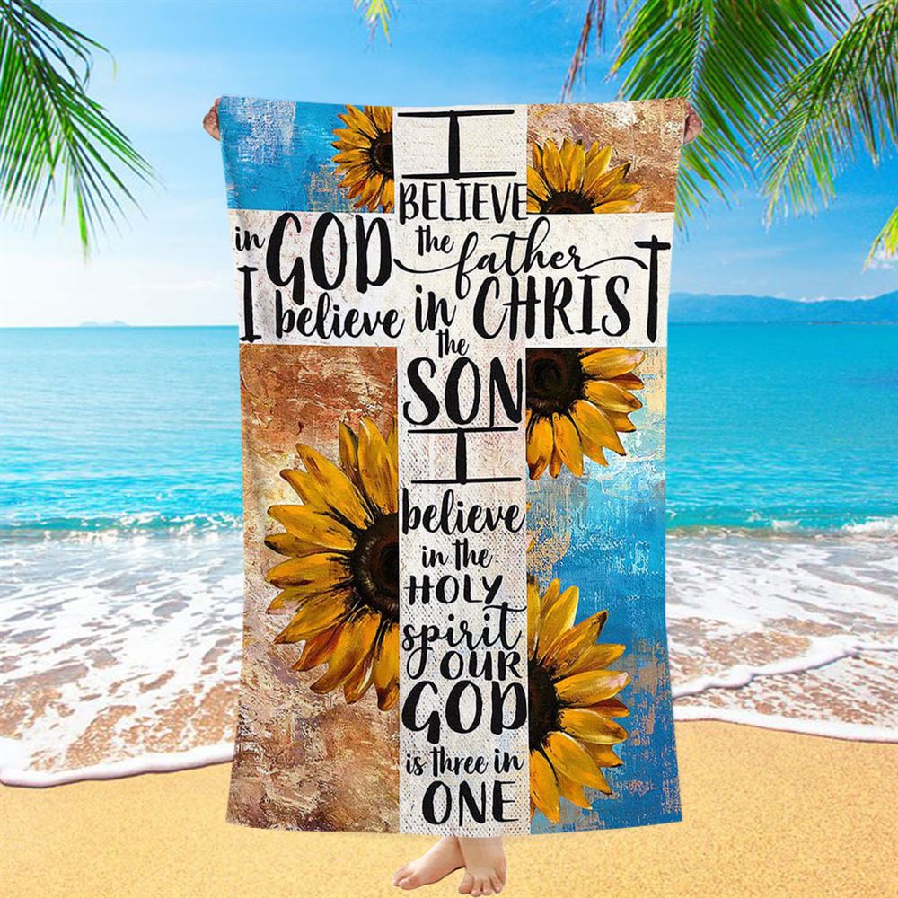 Unique Sunflower White Cross Our God Is Three In One Beach Towel - Christian Art - Bible Verse Beach Towel - Religious Beach Towel