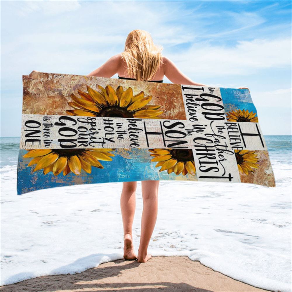 Unique Sunflower White Cross Our God Is Three In One Beach Towel - Christian Art - Bible Verse Beach Towel - Religious Beach Towel