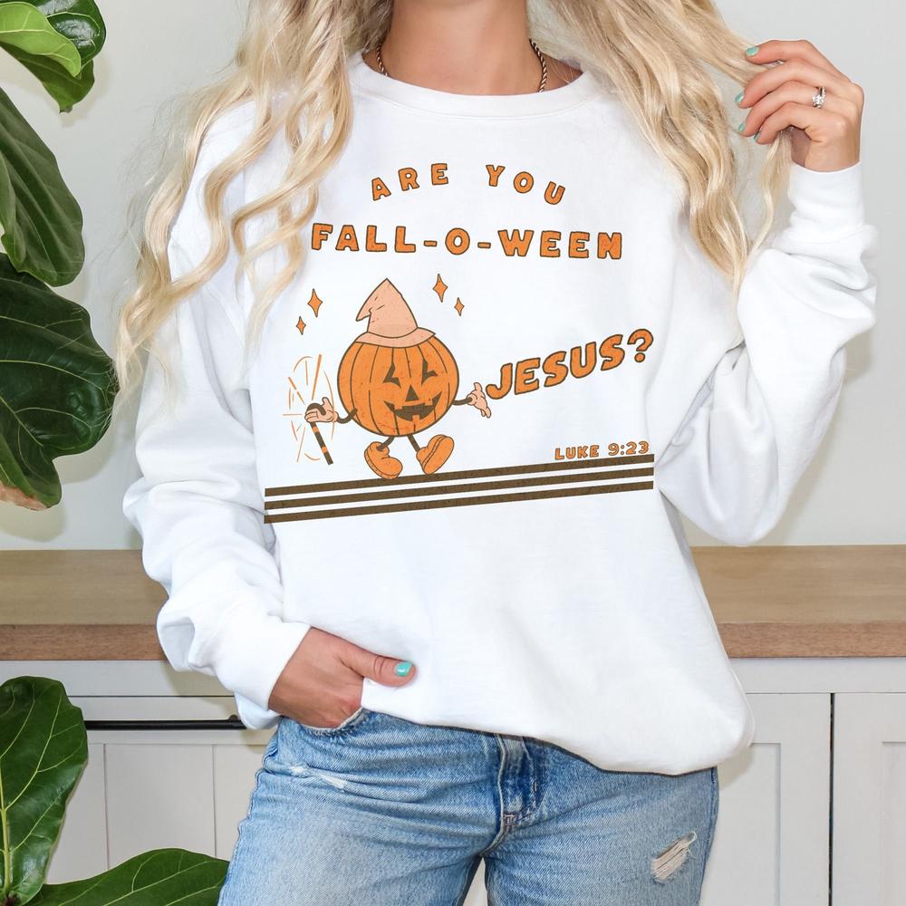 Vintage Are You Fall-O-Ween Jesus Funny Pumpkin Christian Halloween Sweatshirt, Fall Religious, Luke 923 Bible Verse Shirt, Fall Sweater