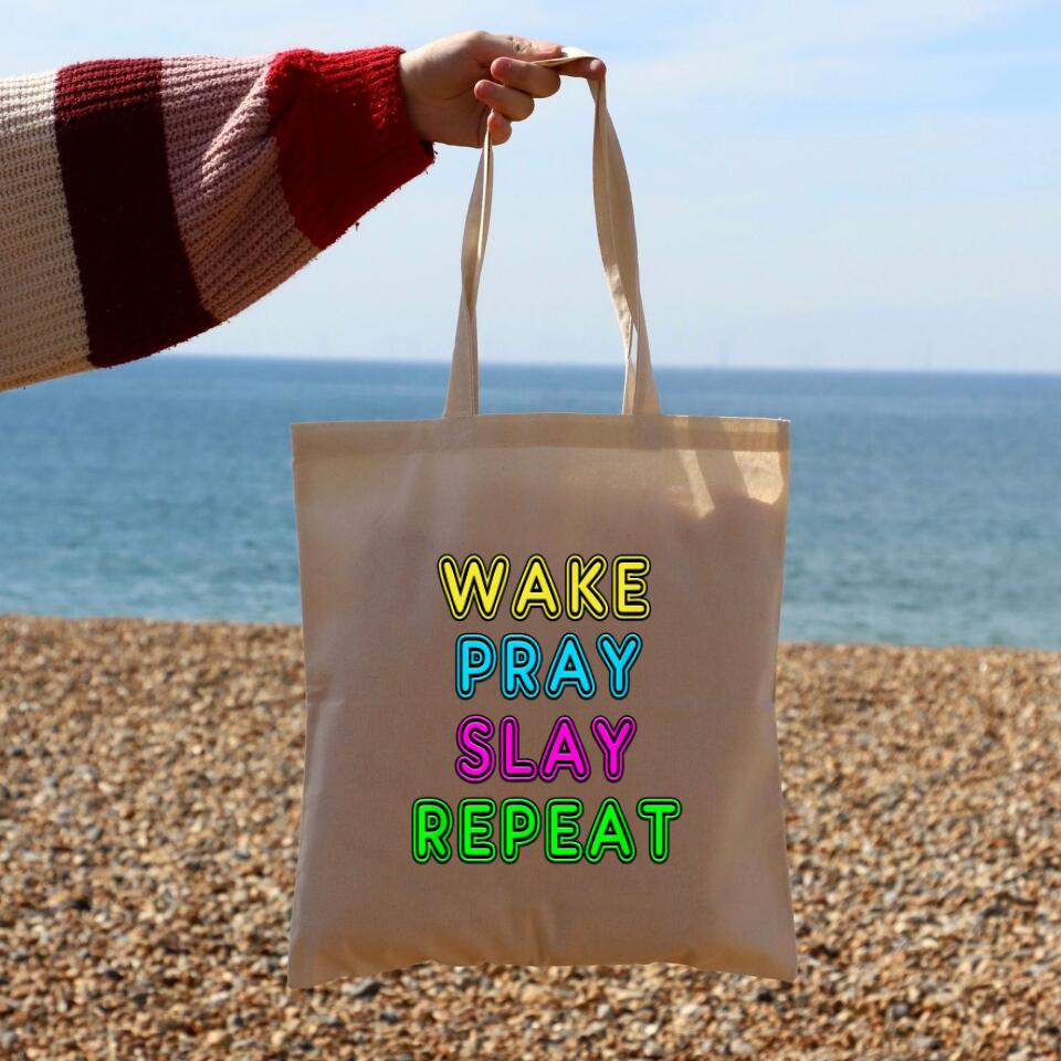 Wake Pray Slay Repeat Canvas Tote Bags - Christian Tote Bags - Printed Canvas Tote Bags - Cute Tote Bags - Christian Tote Bags