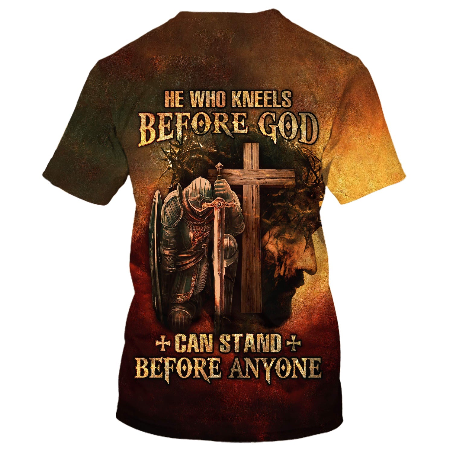 Warrior And Lion He Who Kneels Before God Can Stand Before Anyone 3d Shirts - Christian T Shirts For Men And Women