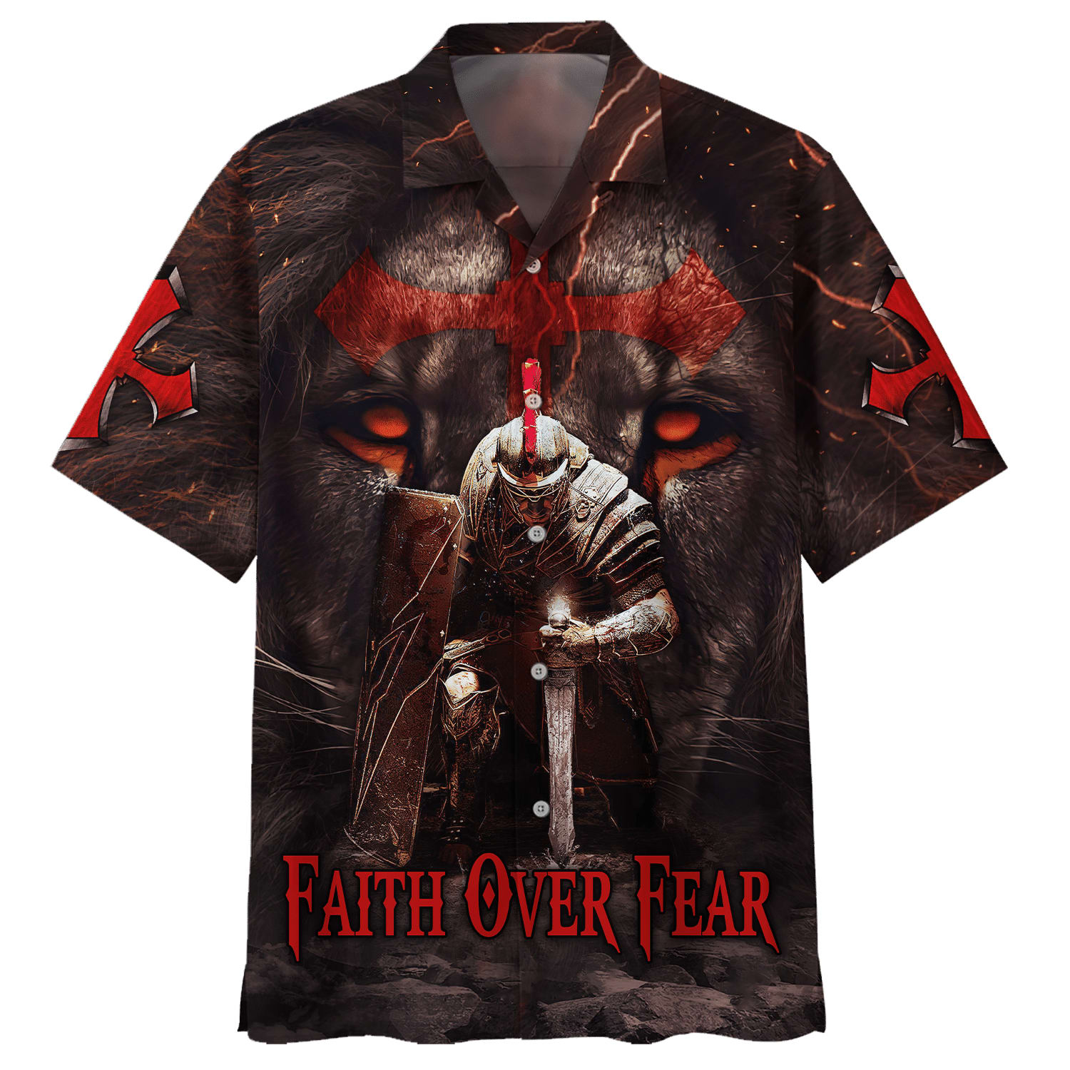 Warrior Of Christ Lion Cross Faith Over Fear Hawaiian Shirts - Christian Hawaiian Shirt - Hawaiian Shirts For Men