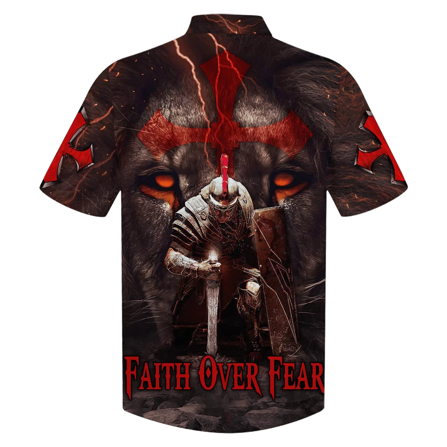 Warrior Of Christ Lion Cross Faith Over Fear Hawaiian Shirts - Christian Hawaiian Shirt - Hawaiian Shirts For Men