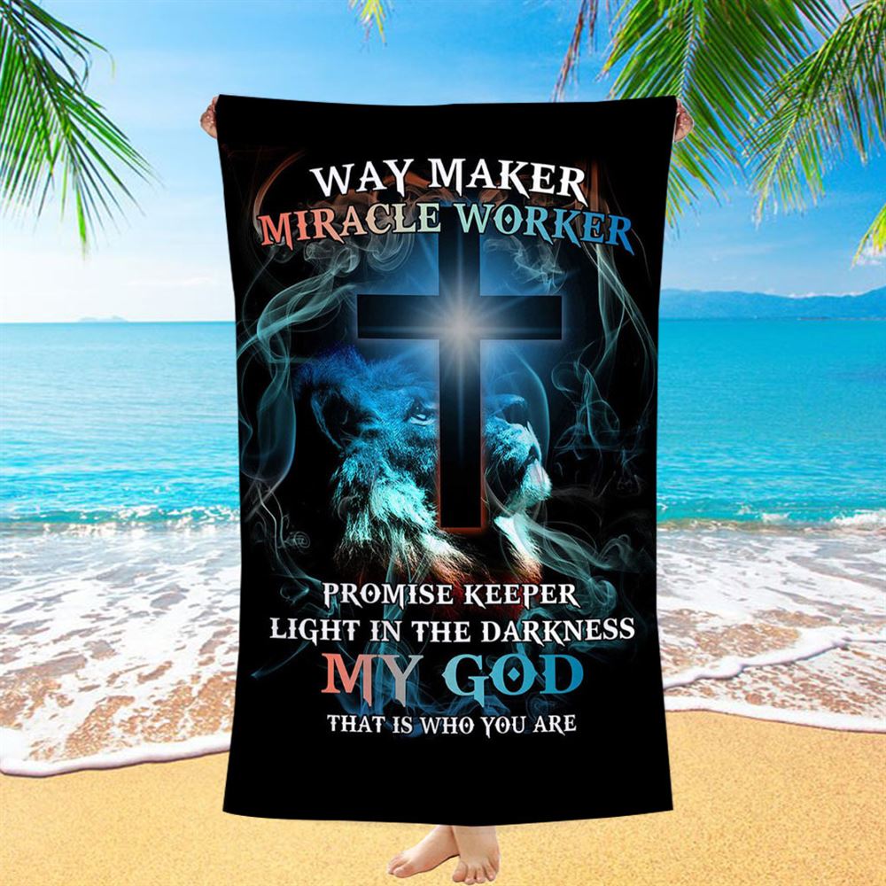 Way Maker Miracle Worker Lion & Cross Beach Towel - Christian Beach Towel - Religious Beach Towel