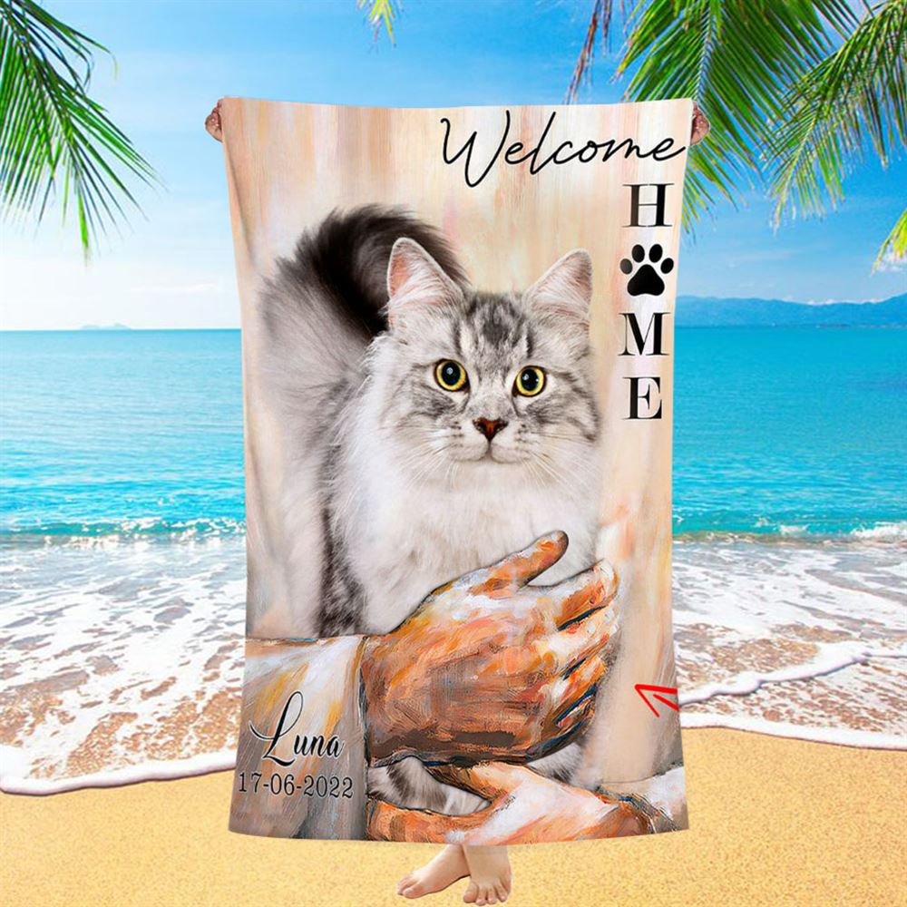 Welcome Home Jesus With Cat Beach Towel - Cat In The Arms of Jesus Beach Towel - Cat Loss Gift - Customized Cat Photos