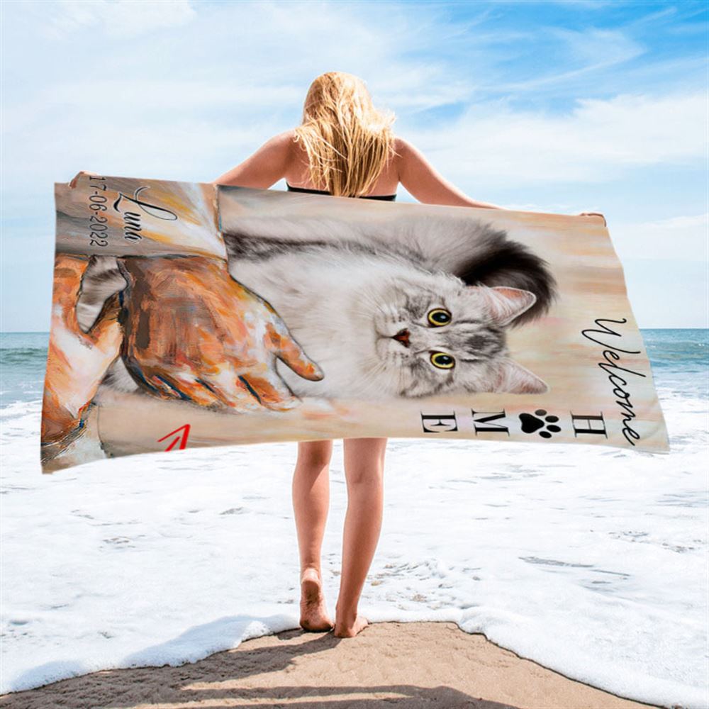 Welcome Home Jesus With Cat Beach Towel - Cat In The Arms of Jesus Beach Towel - Cat Loss Gift - Customized Cat Photos