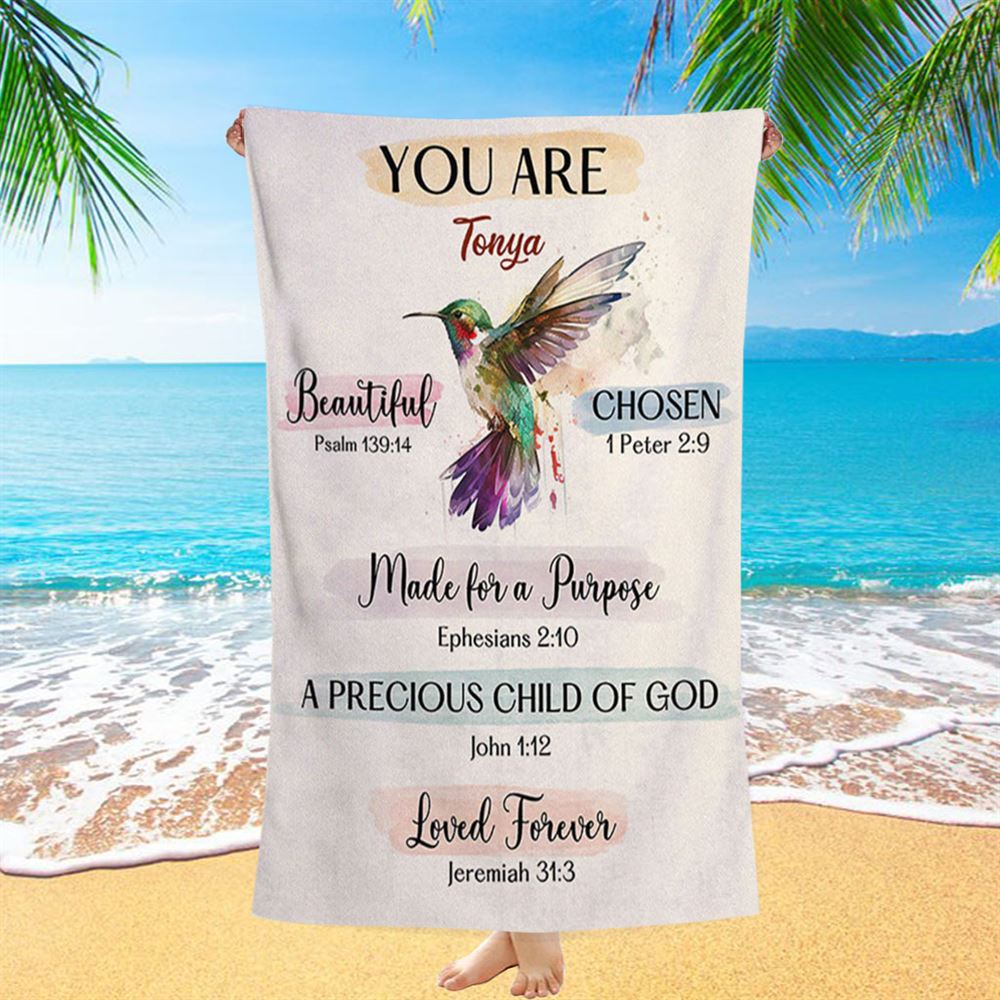 What God Says About You Personalized Beach Towel - Hummingbird Beach Towel - Bible Verse Gift For Women Of God