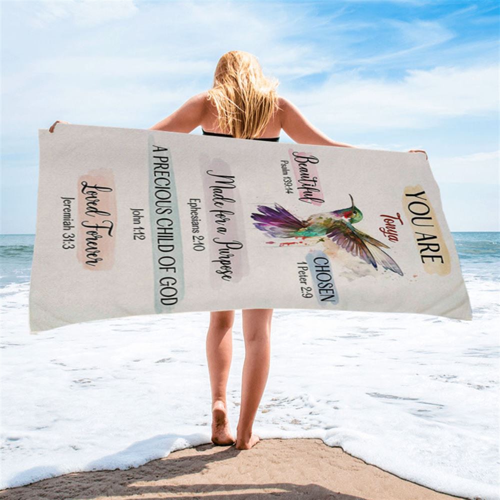 What God Says About You Personalized Beach Towel - Hummingbird Beach Towel - Bible Verse Gift For Women Of God