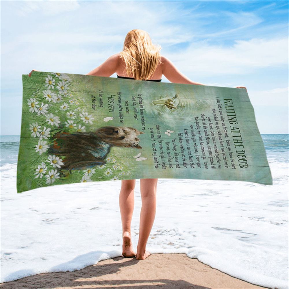 Yorkshire Terrier Dog Waiting At The Door Beach Towel - Jesus Christ Hand Daisy Field Beach Towel - Christian Beach Towel - Gift For Dog Lover