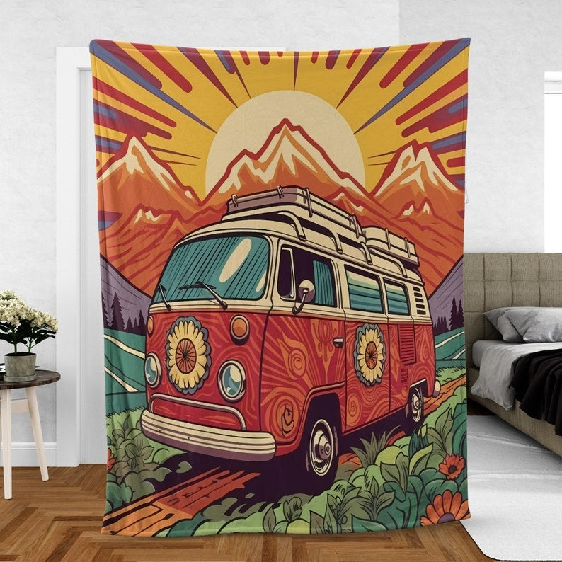 Vintage Camper Van Christmas Woven Throw Blanket, Floral Camping Car Cotton Wall Tapestry, Christmas Thanksgiving Birthday Gifts, Home Decor