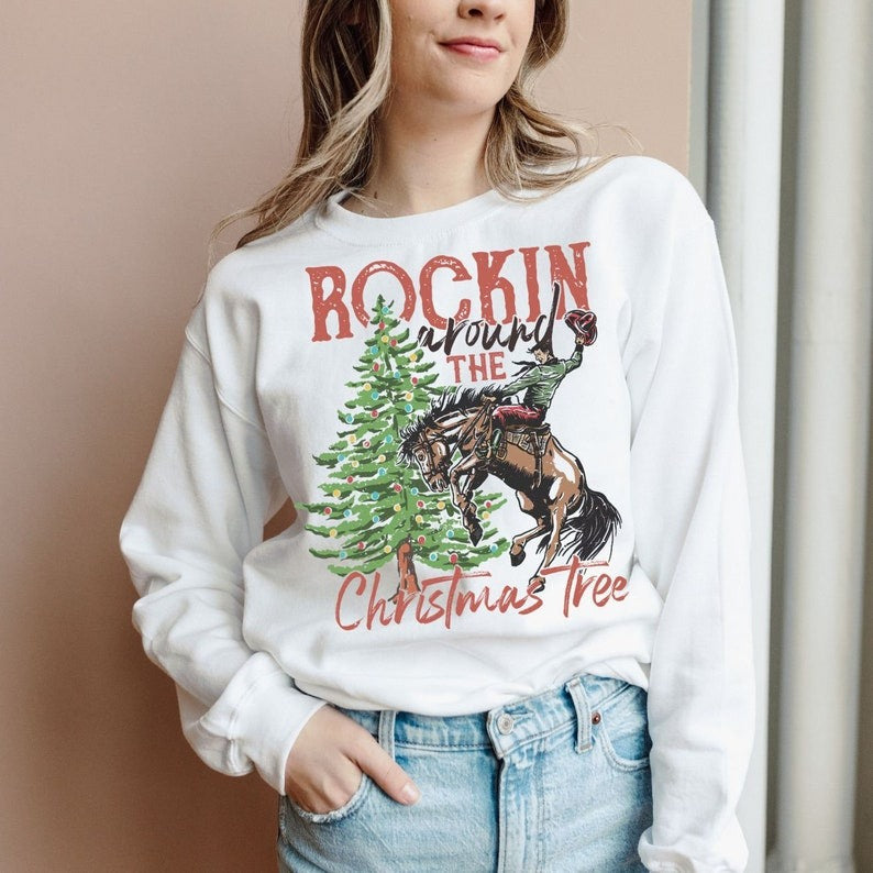 Rocking Around the Christmas Tree Sweatshirt, Retro Christmas Western Shirt, Cowboy Christmas Shirt, Yee Haw Howdy Christmas, Women's Christmas